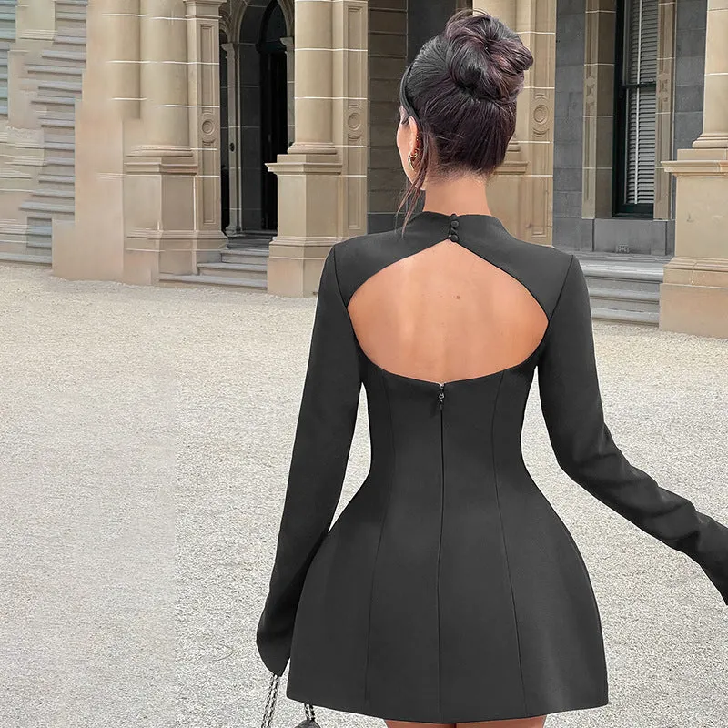 Solid color round neck, long sleeves and waisted A-line skirt