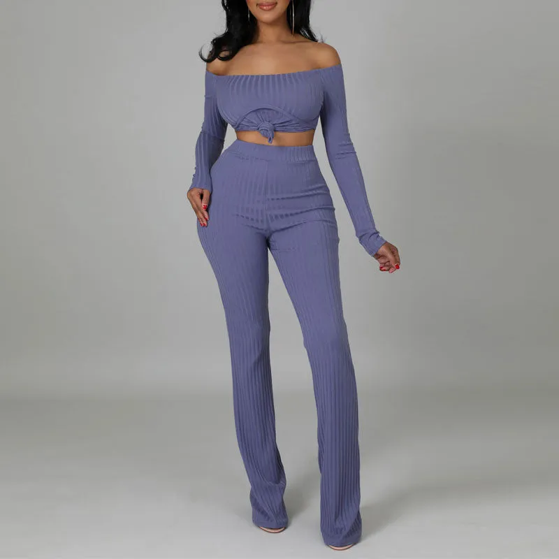 Solid Off Shoulder Long Sleeve Top & Pants Set