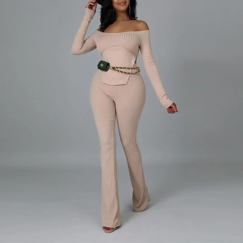 Solid Off Shoulder Long Sleeve Top & Pants Set