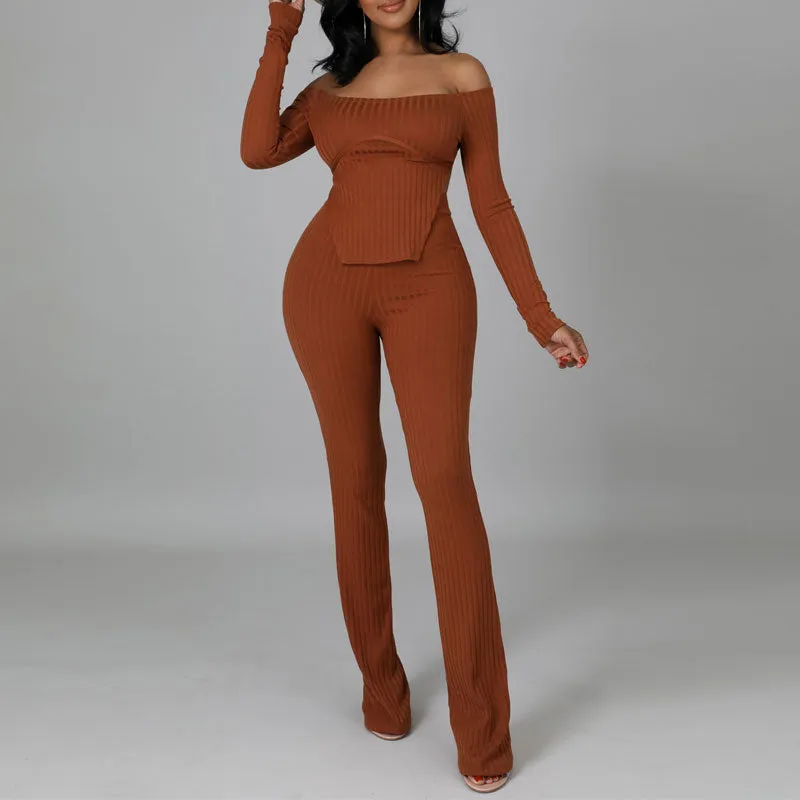 Solid Off Shoulder Long Sleeve Top & Pants Set