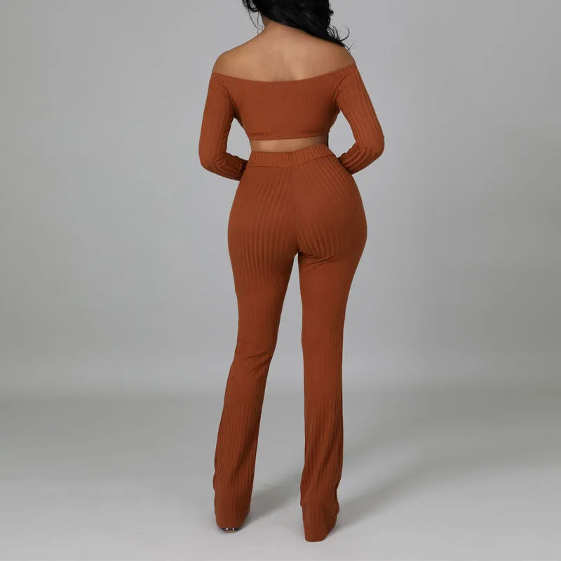 Solid Off Shoulder Long Sleeve Top & Pants Set