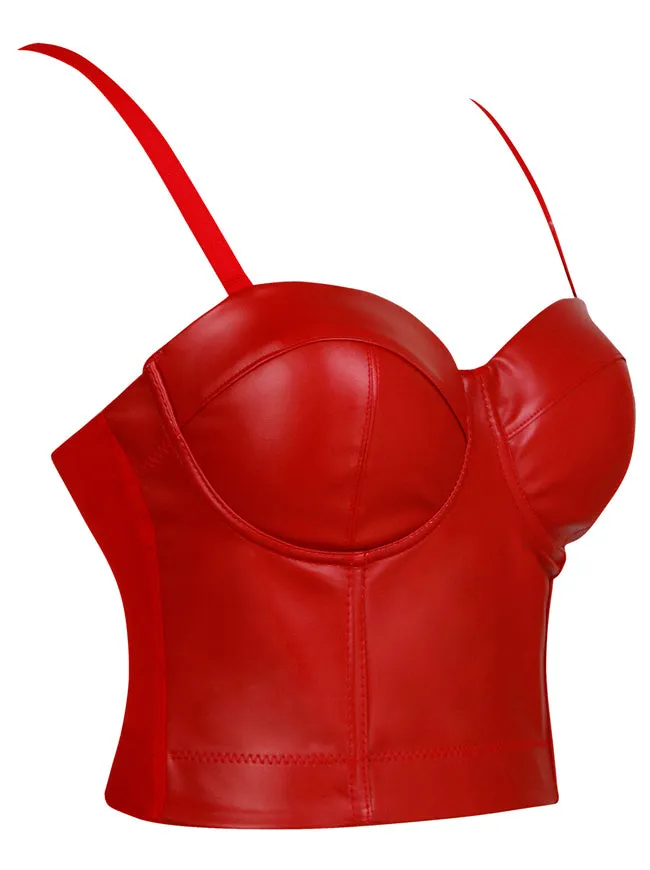 Spaghetti Straps Push Up Faux Leather Bustier Crop Top Bra