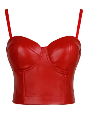 Spaghetti Straps Push Up Faux Leather Bustier Crop Top Bra