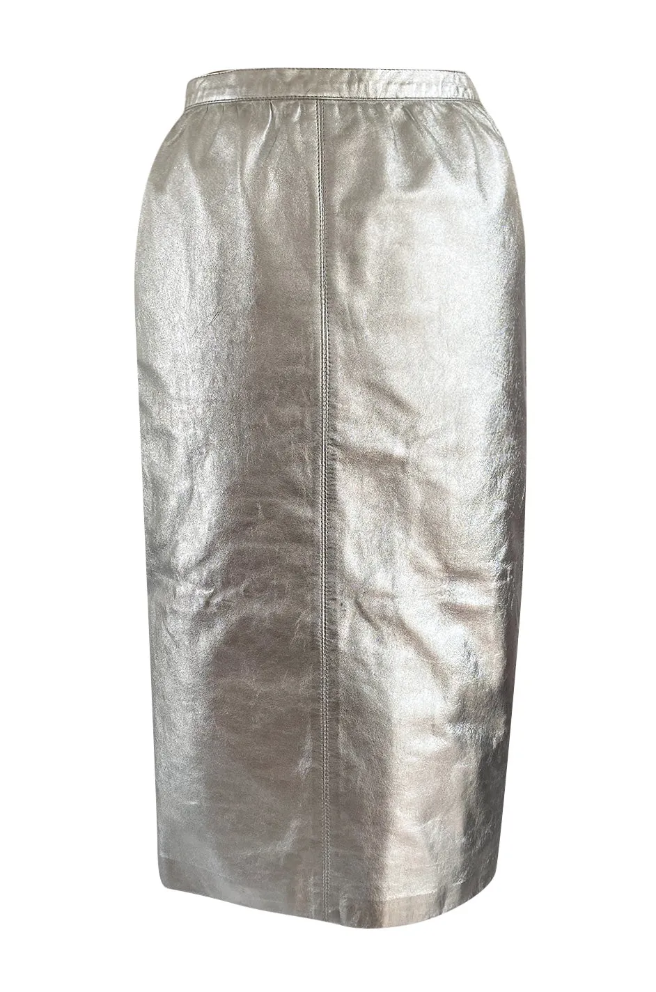 Spring 1982 Yves Saint Laurent Metallic Silver Leather Pencil Cut Skirt