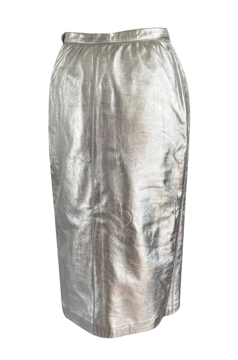 Spring 1982 Yves Saint Laurent Metallic Silver Leather Pencil Cut Skirt