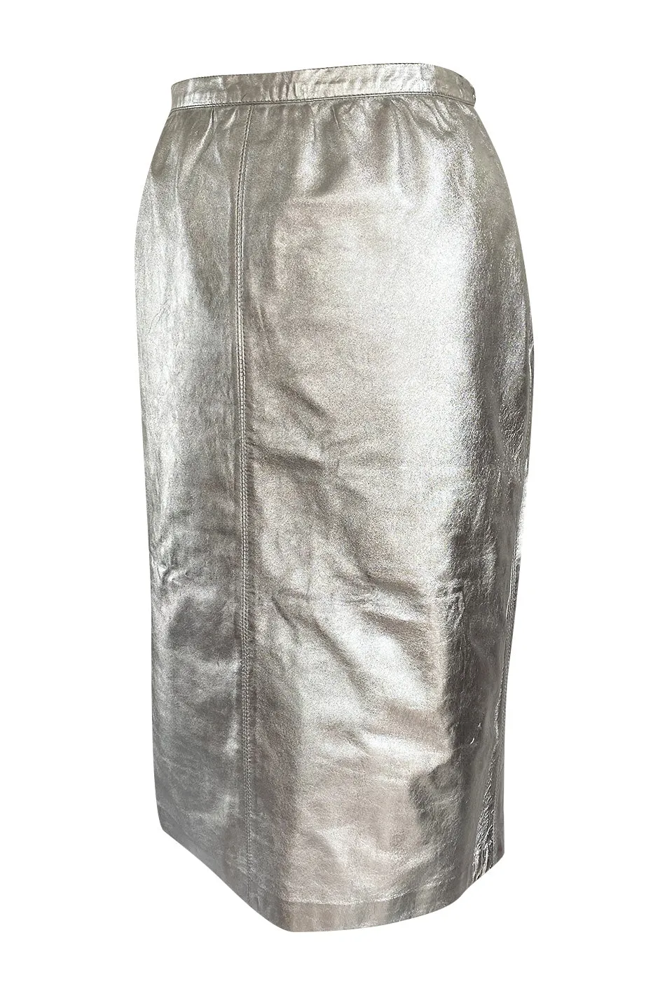 Spring 1982 Yves Saint Laurent Metallic Silver Leather Pencil Cut Skirt
