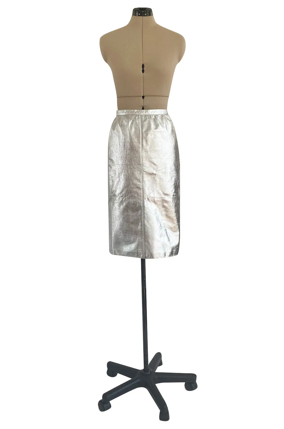 Spring 1982 Yves Saint Laurent Metallic Silver Leather Pencil Cut Skirt