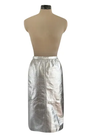 Spring 1982 Yves Saint Laurent Metallic Silver Leather Pencil Cut Skirt