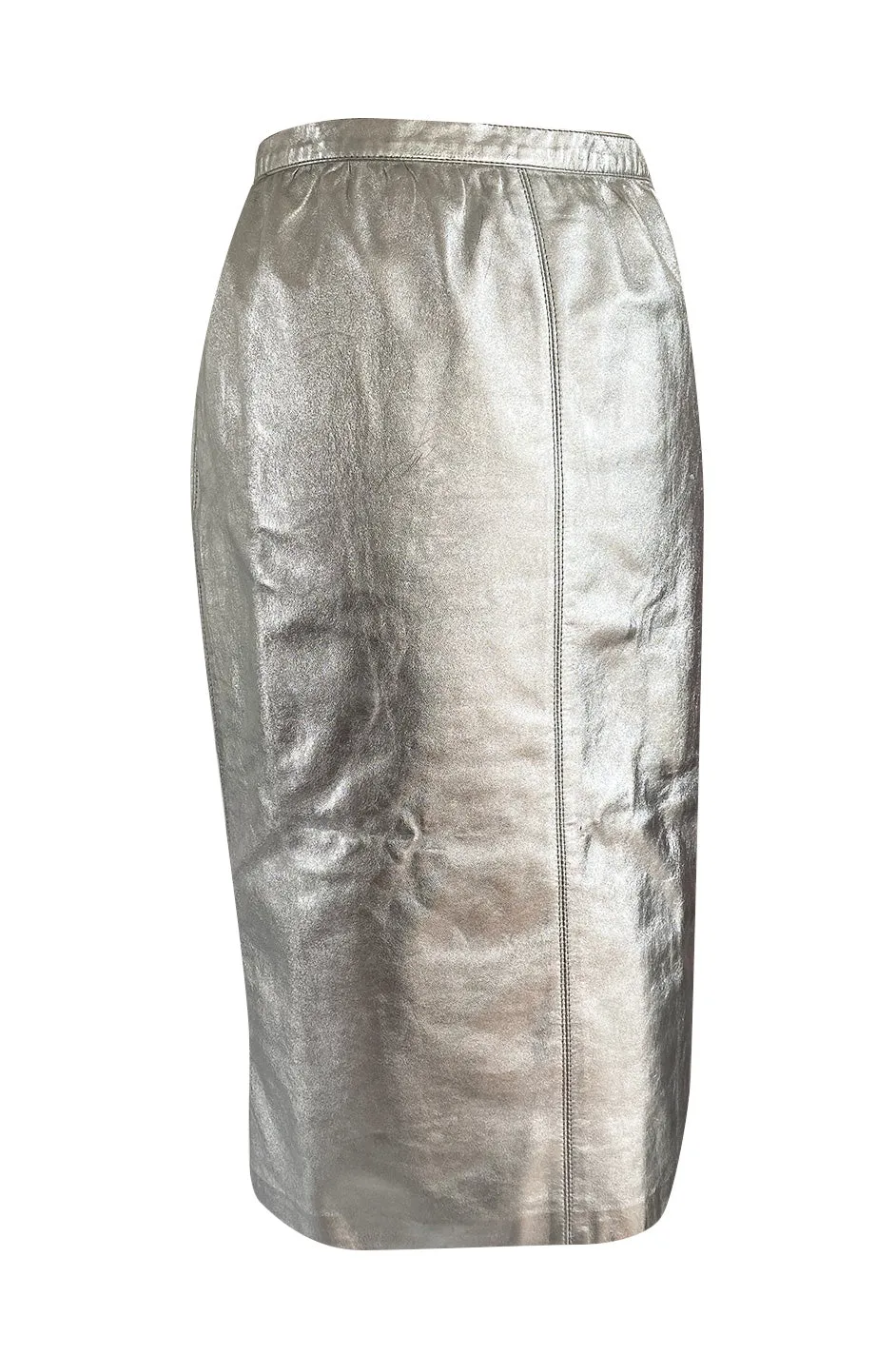 Spring 1982 Yves Saint Laurent Metallic Silver Leather Pencil Cut Skirt