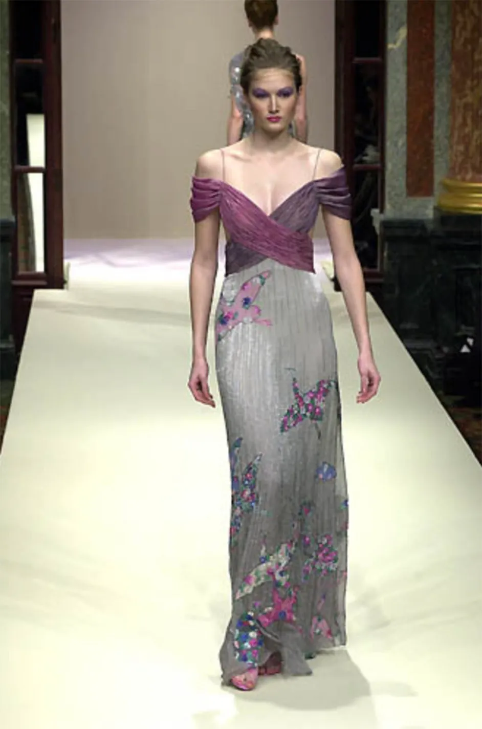 Spring 2000 Hanae Mori Haute Couture Forest & Butterfly Print Silk Chiffon Dress & Silk Huge Scarf