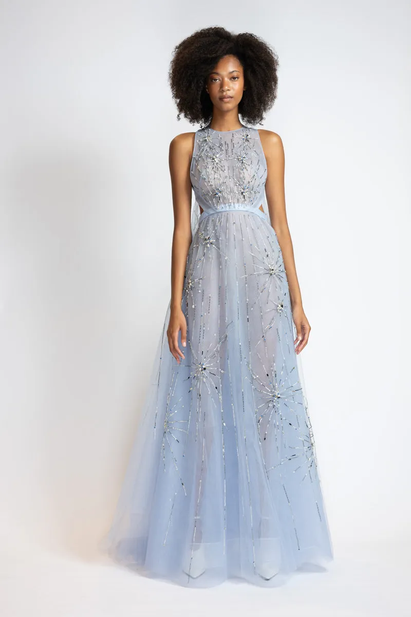 Starburst Embroidered Tinted Aqua Tulle Gown with Cape Train