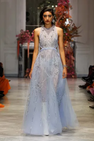 Starburst Embroidered Tinted Aqua Tulle Gown with Cape Train