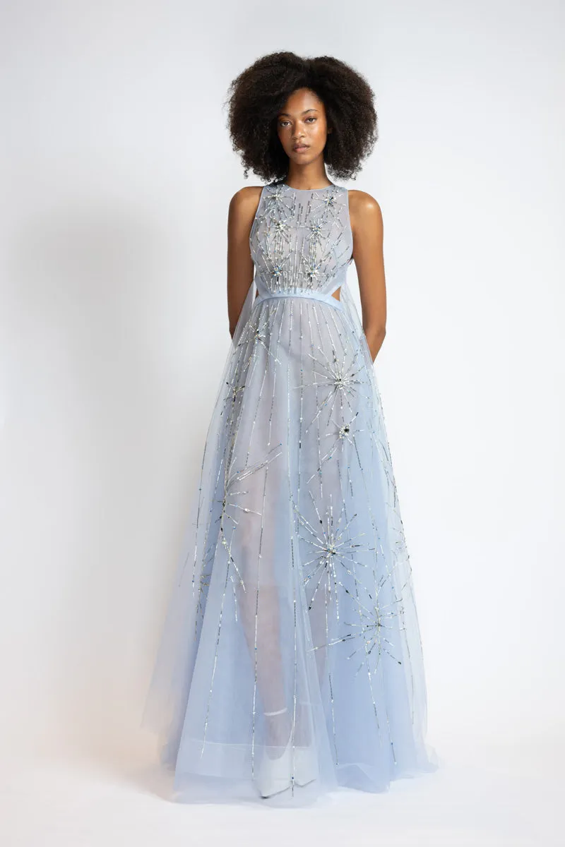 Starburst Embroidered Tinted Aqua Tulle Gown with Cape Train