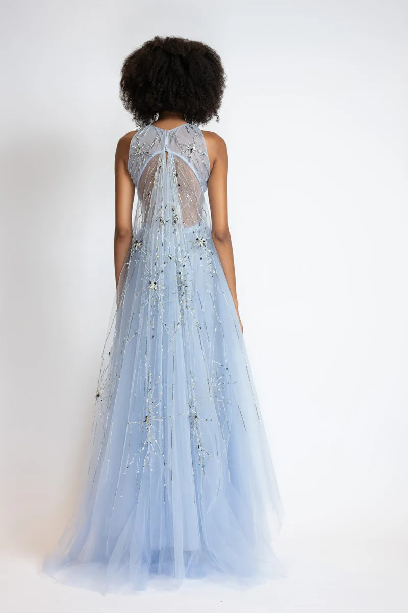 Starburst Embroidered Tinted Aqua Tulle Gown with Cape Train