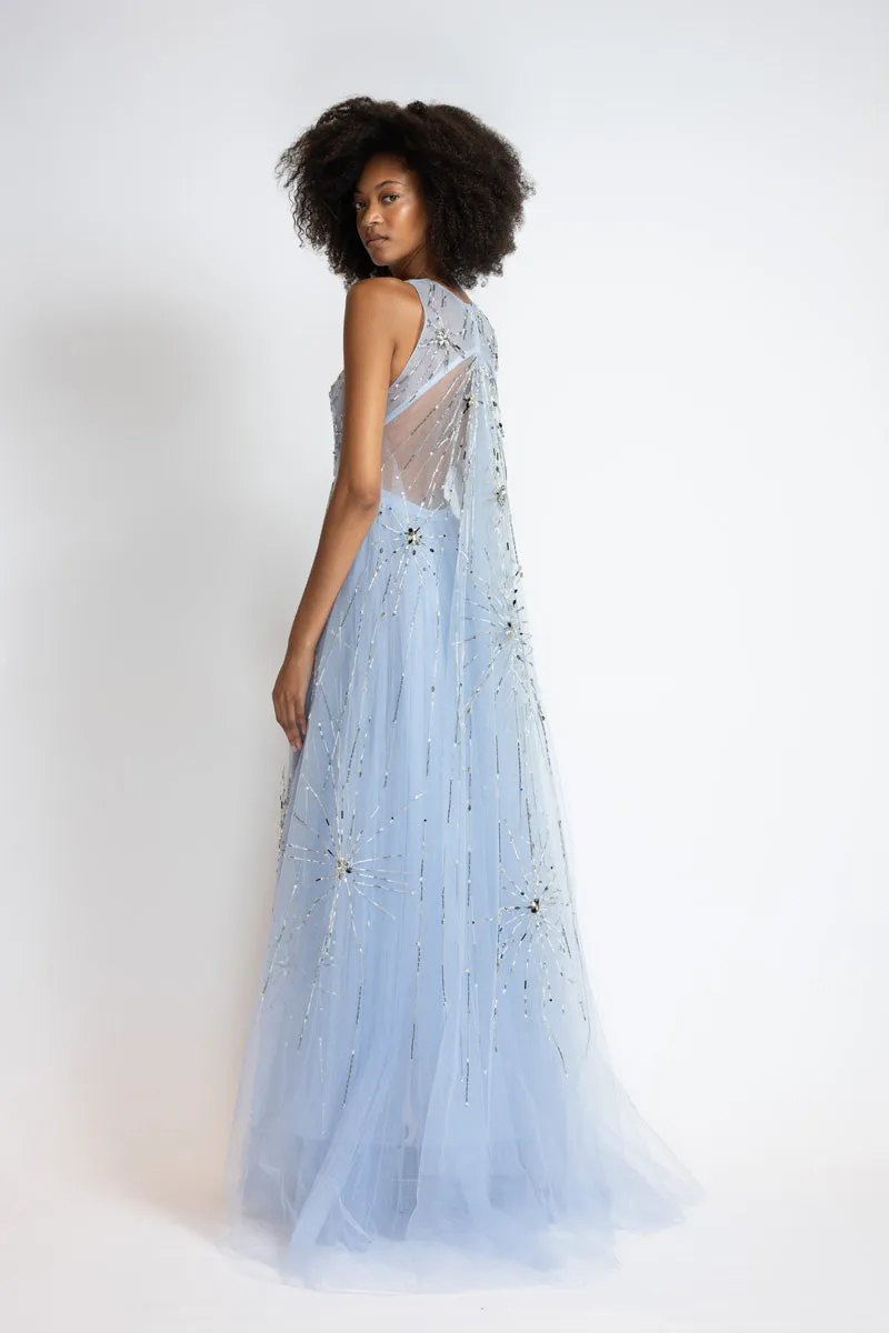 Starburst Embroidered Tinted Aqua Tulle Gown with Cape Train