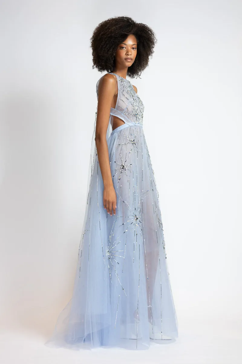 Starburst Embroidered Tinted Aqua Tulle Gown with Cape Train