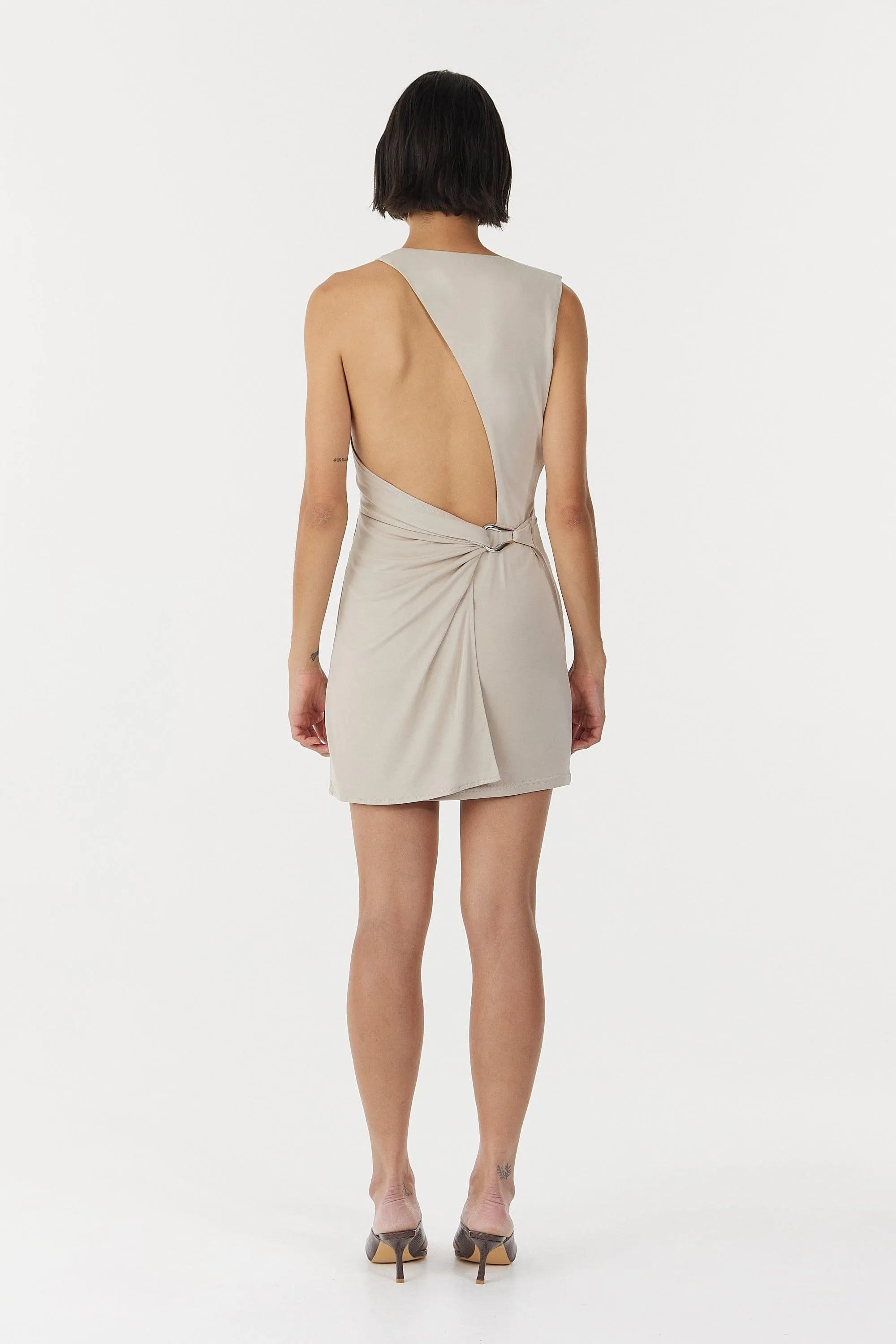 STIRLING TWIST ASYMMETRIC MINI DRESS | OYSTER GREY