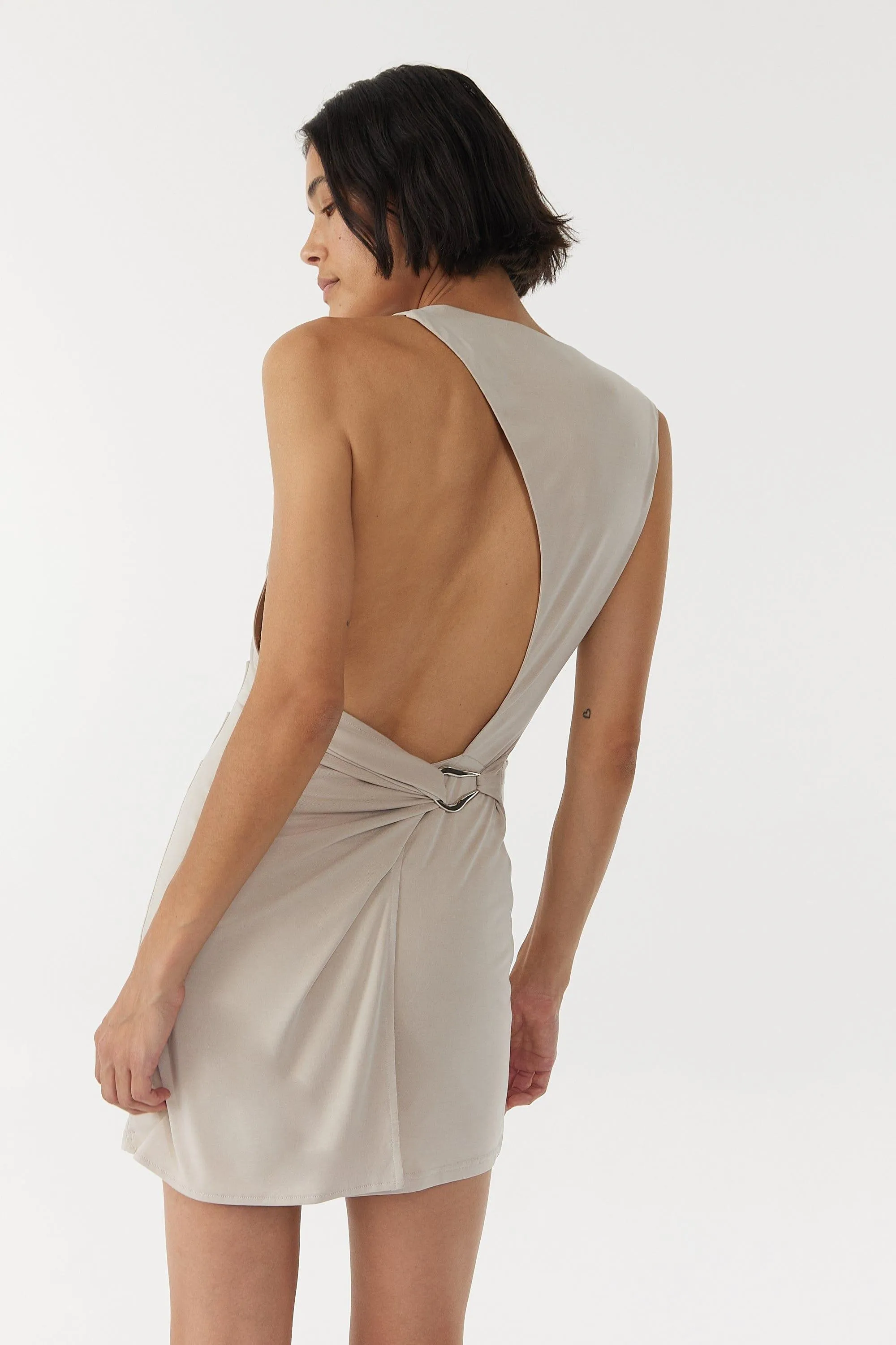 STIRLING TWIST ASYMMETRIC MINI DRESS | OYSTER GREY