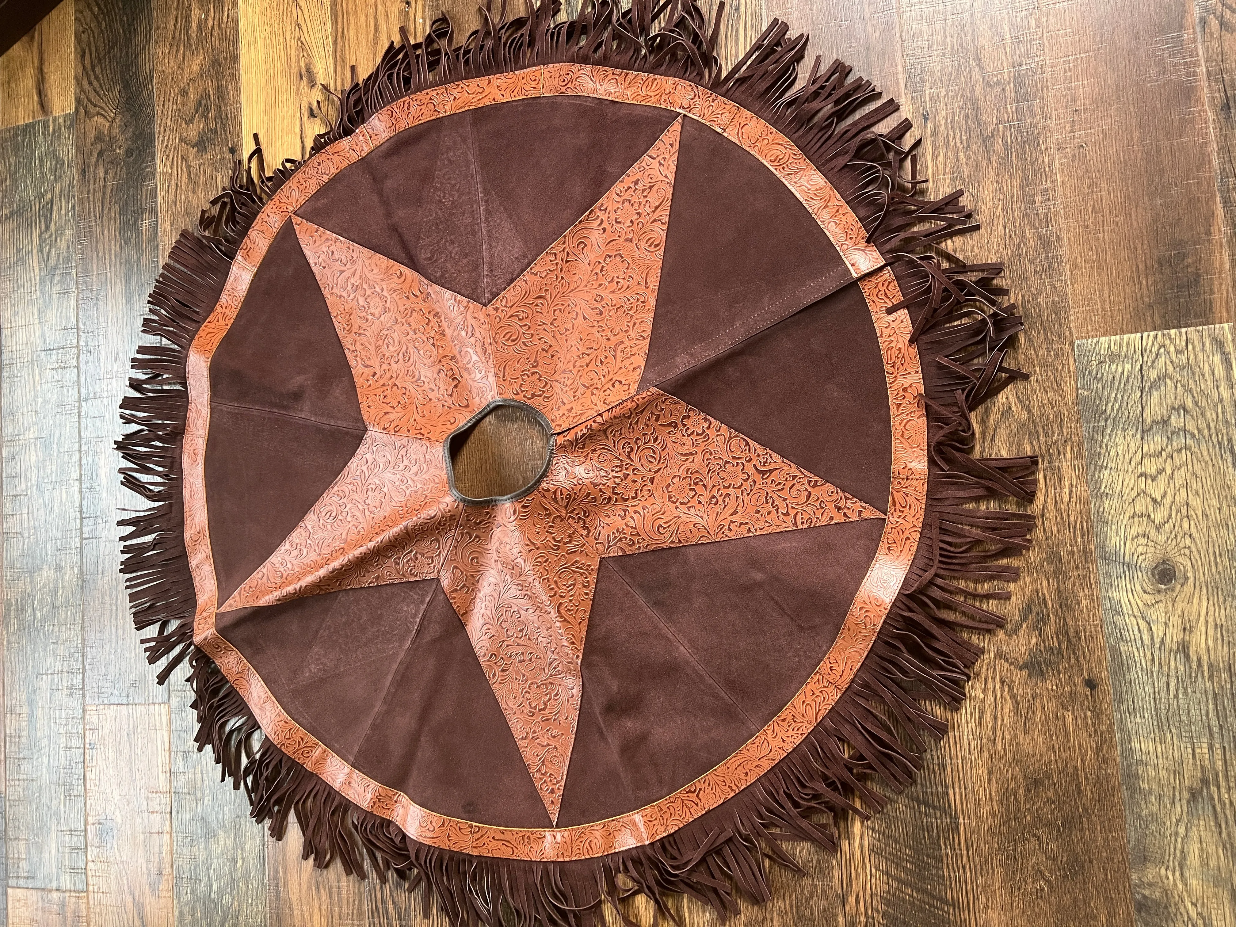 Suede Leather Christmas Tree Skirt - Embossed Leather Star