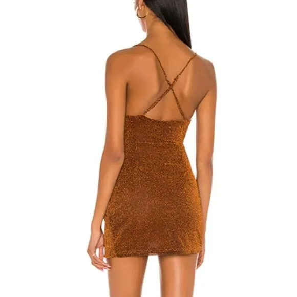 Superdown Metallic Rust Bronze Mini Slip Dress SMALL Ruched Revolve Delanie NEW