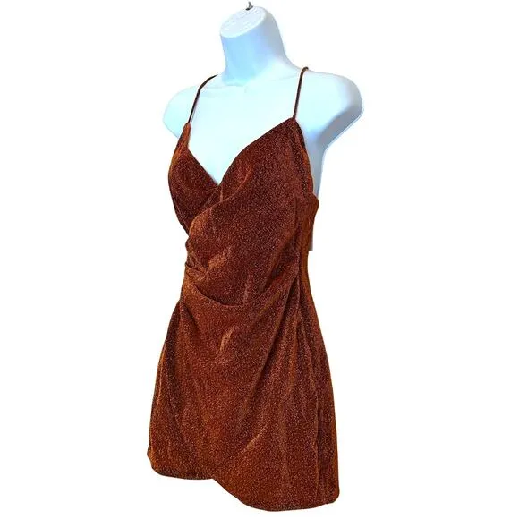 Superdown Metallic Rust Bronze Mini Slip Dress SMALL Ruched Revolve Delanie NEW