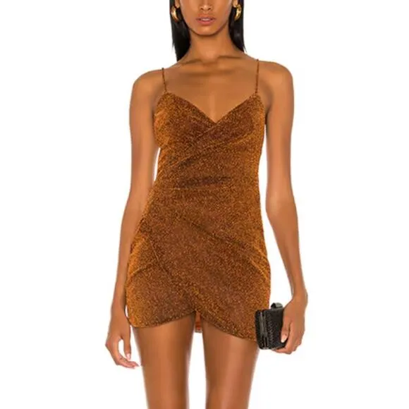 Superdown Metallic Rust Bronze Mini Slip Dress SMALL Ruched Revolve Delanie NEW