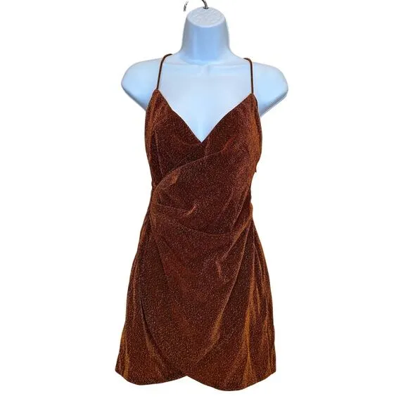 Superdown Metallic Rust Bronze Mini Slip Dress SMALL Ruched Revolve Delanie NEW
