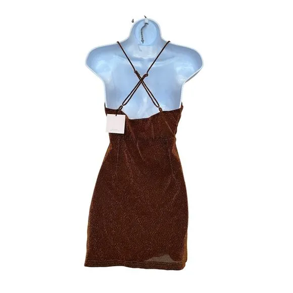 Superdown Metallic Rust Bronze Mini Slip Dress SMALL Ruched Revolve Delanie NEW