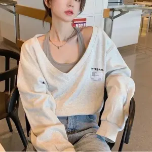 Sweatshirt gray v-neck top long sleeve off shoulder