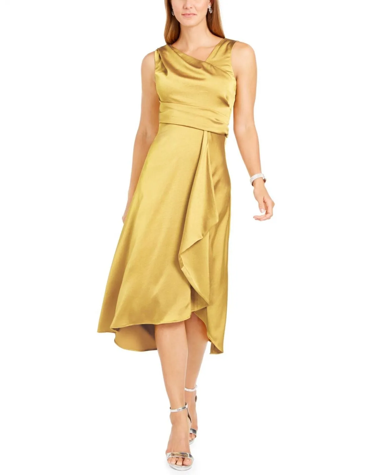 Taylor Women's Solid Satin Crepe Cocktail Midi Dress 2055M Gold Yellow 4