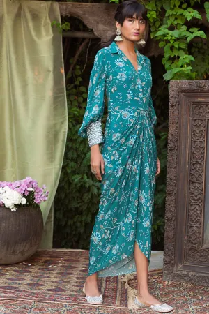 Teal Printed Draped Dress