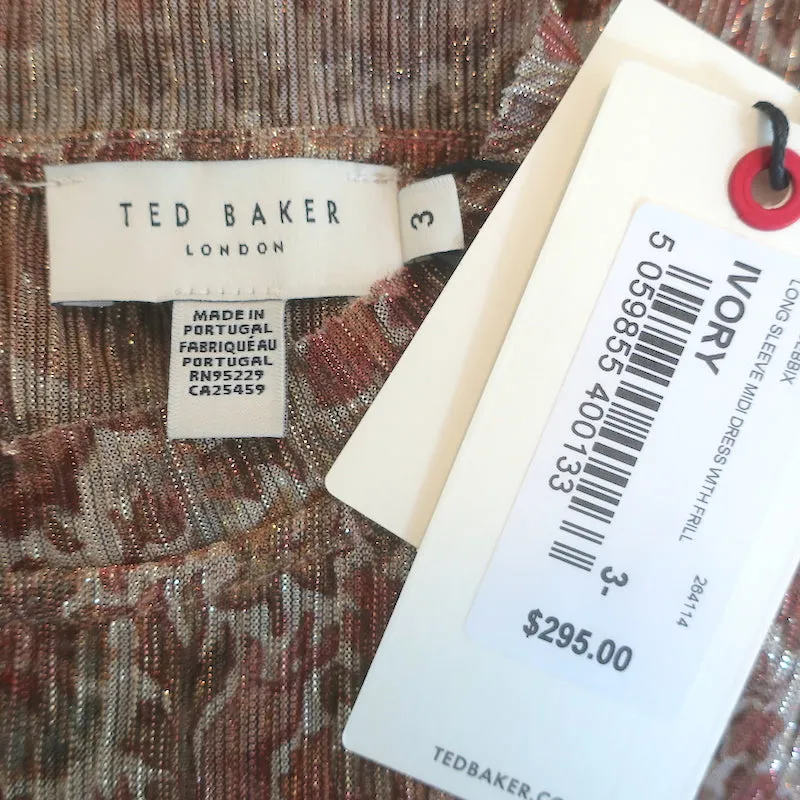Ted Baker Debbix Ruffle Midi Dress Gold/Multi Metallic Printed Size 3 NEW