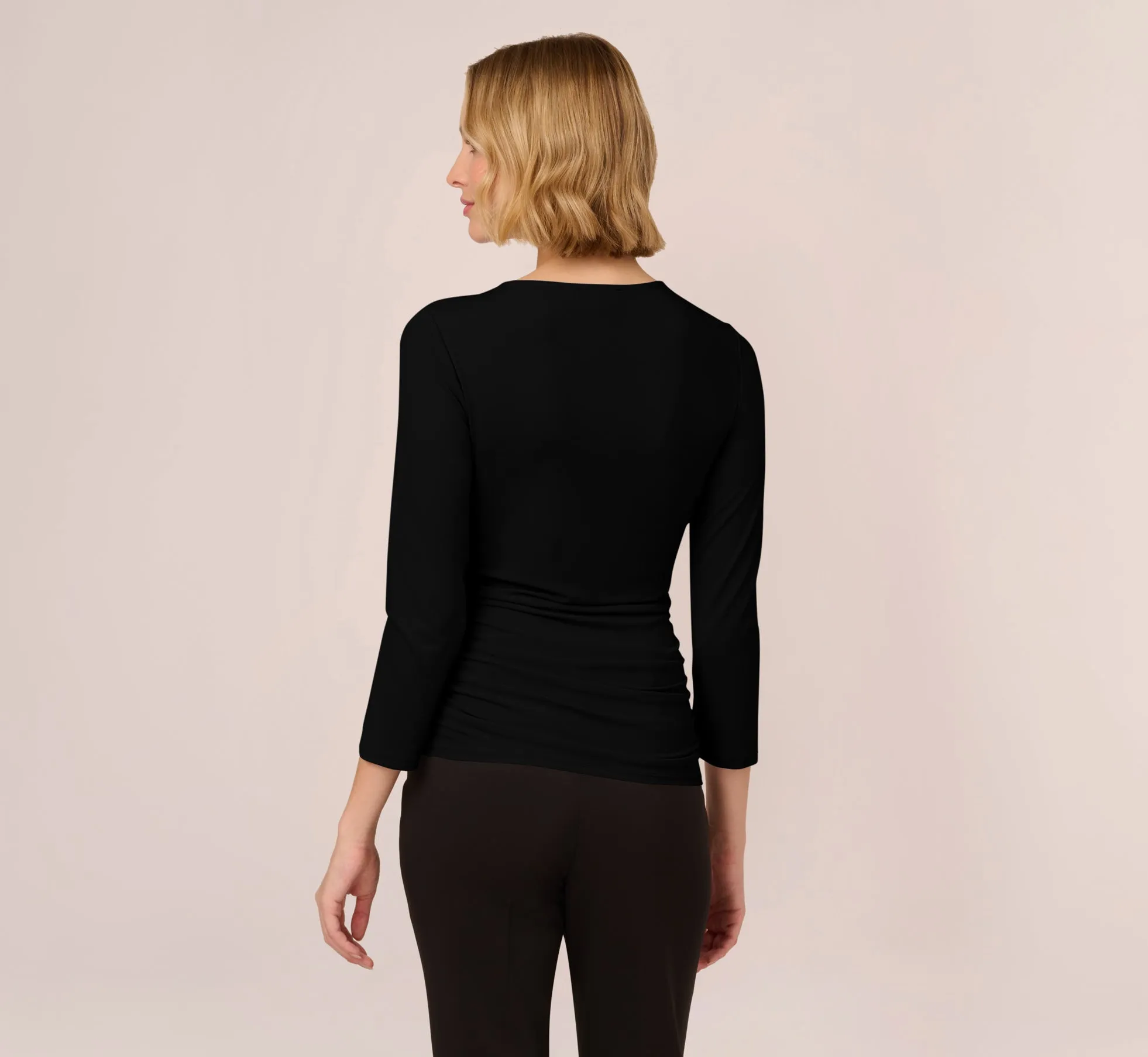Three Quarter Sleeve Draped Jersey Top With Shirred Sides In Black