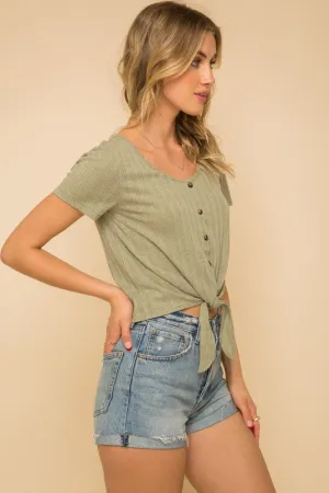 Tie Front Button Down Rib Crop Top