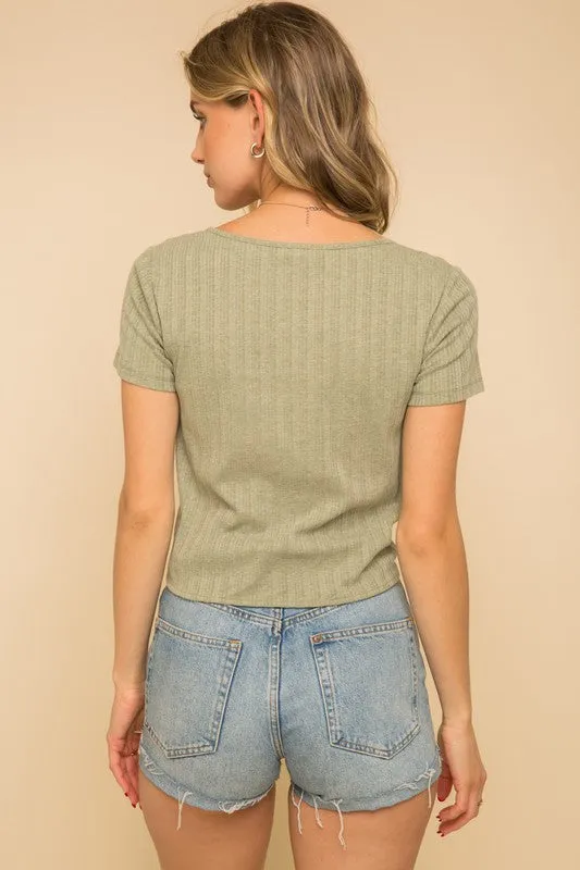 Tie Front Button Down Rib Crop Top
