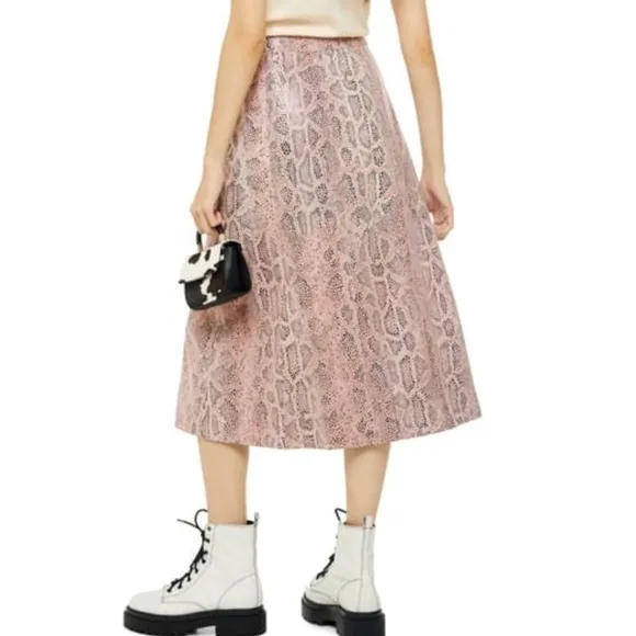 Topshop Leather Snake Skin Print Button Midi Skirt Size 4
