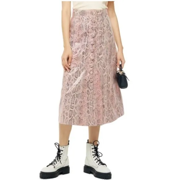 Topshop Leather Snake Skin Print Button Midi Skirt Size 4