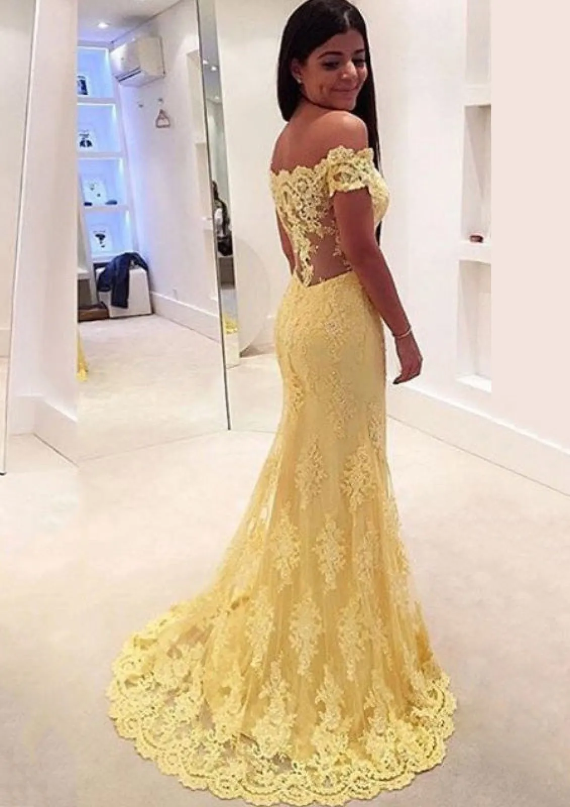 Trumpet Off Shoulder Scalloped Sweetheart Sweep Yellow Lace Prom Dress