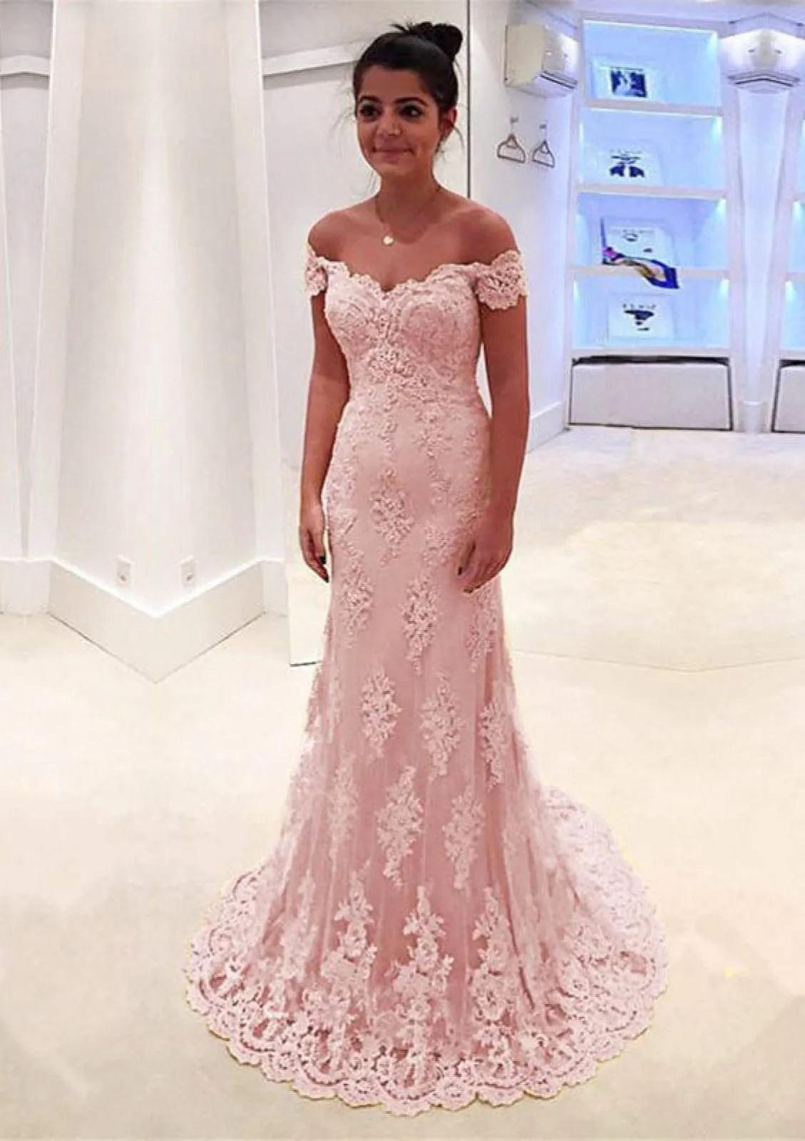Trumpet Off Shoulder Scalloped Sweetheart Sweep Yellow Lace Prom Dress