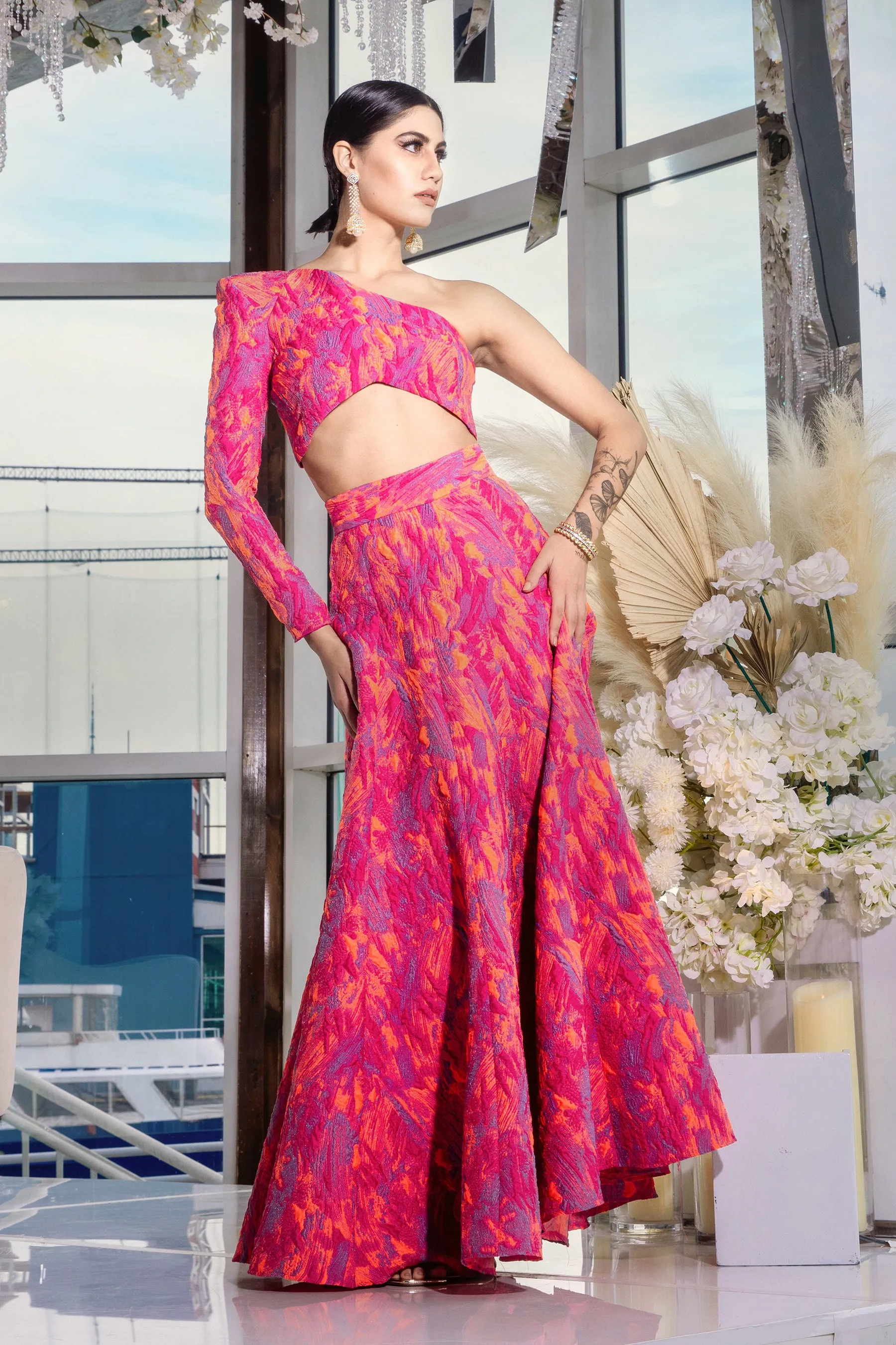 TYRA Orange and Pink Lehenga Skirt