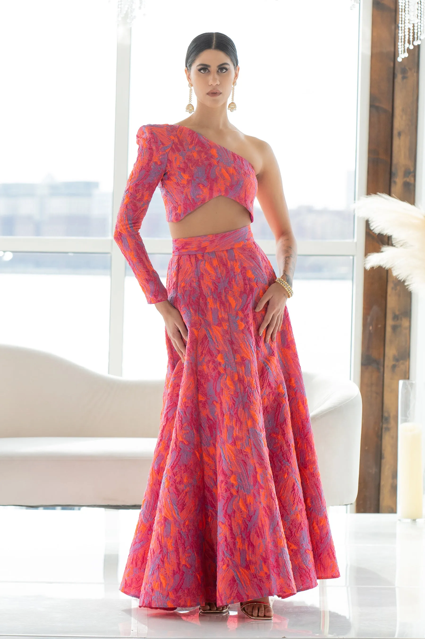 TYRA Orange and Pink Lehenga Skirt