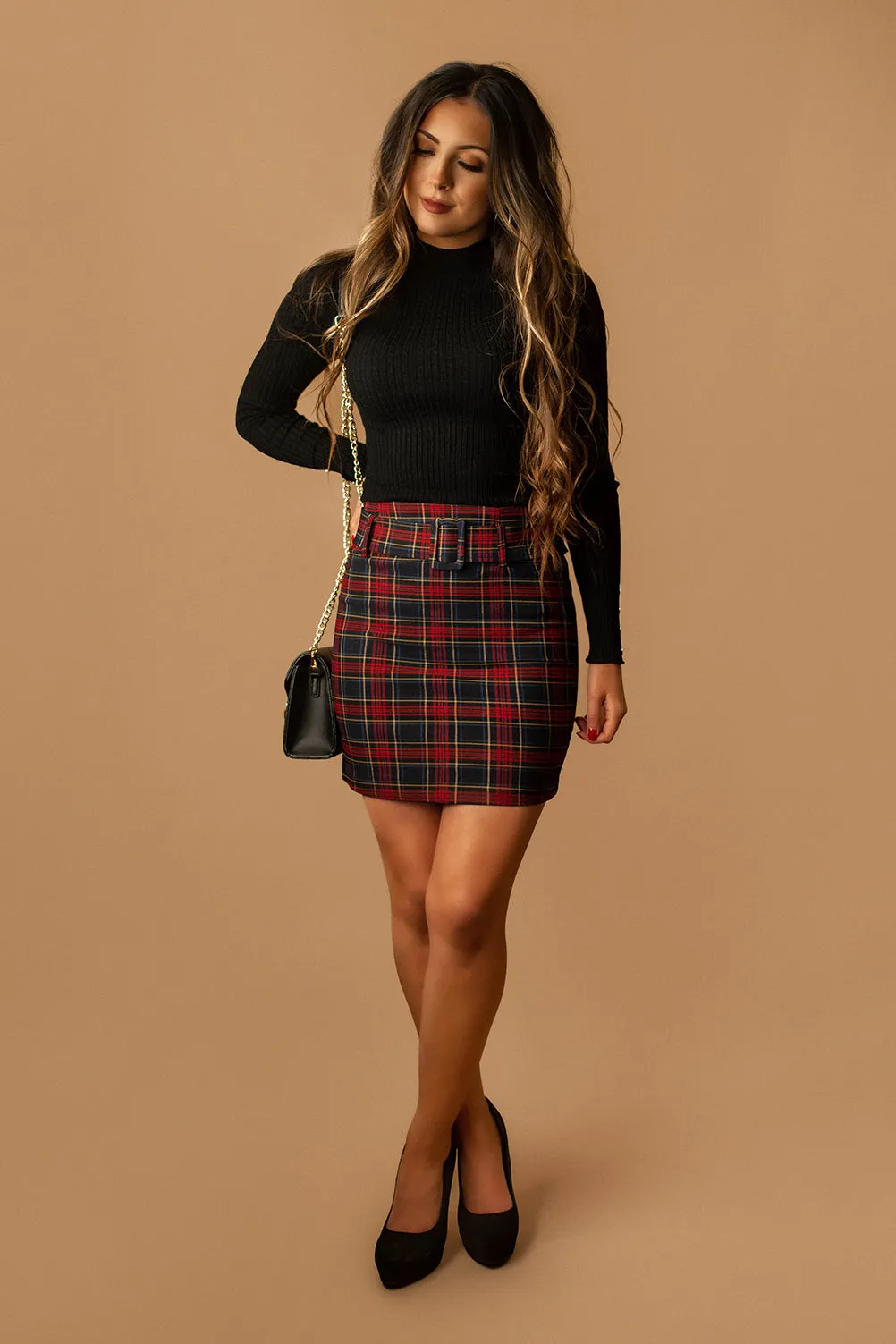 Under The Mistletoe Plaid Mini Skirt (Navy   Red)
