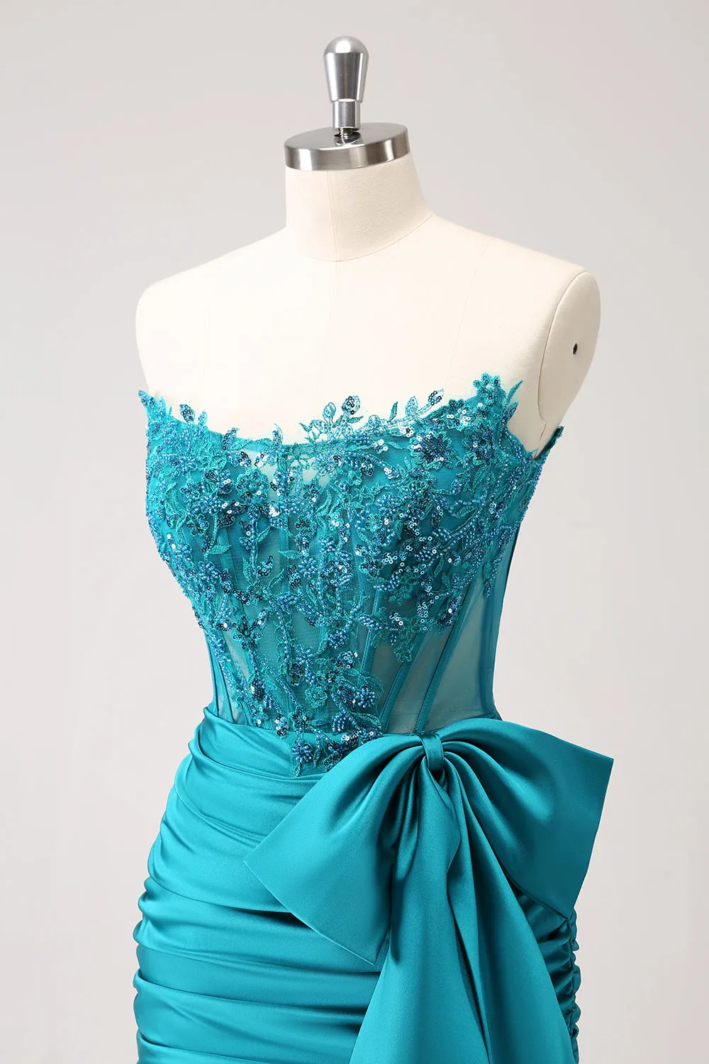 Unique Peacock Tight Strapless Corset Pleated Short Beaded Homecoming Dress with Bow