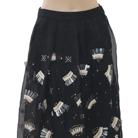 Uterque Organza Embellished Black Midi Skirt High Waisted Flared XS New