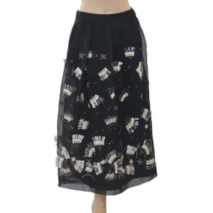 Uterque Organza Embellished Black Midi Skirt High Waisted Flared XS New