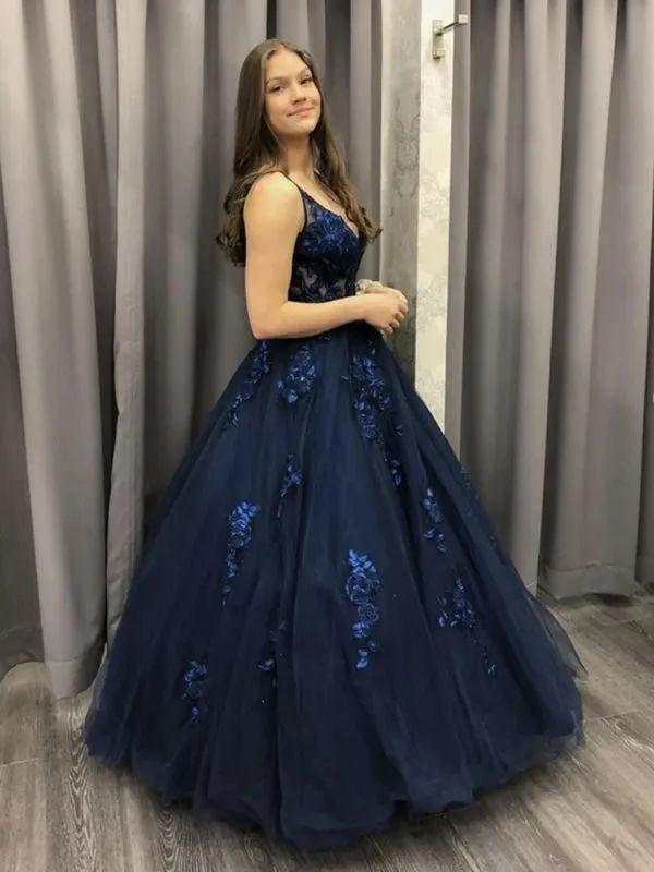 V Neck Dark Blue Lace Long Prom Dresses, Dark Blue Lace Formal Dresses, Dark Blue Evening Dresses, Ball