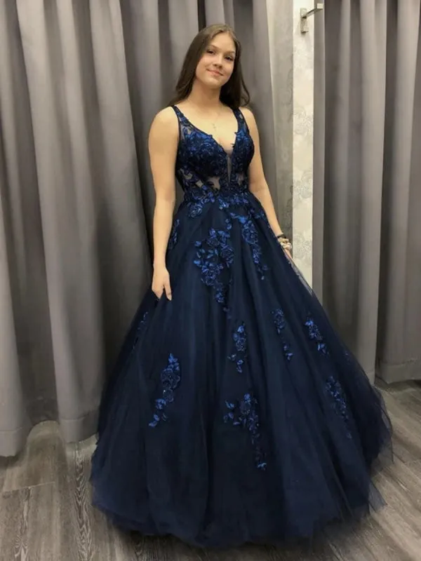 V Neck Dark Blue Lace Long Prom Dresses, Dark Blue Lace Formal Dresses, Dark Blue Evening Dresses, Ball