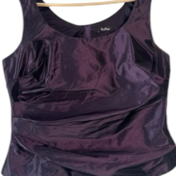 Vera Mont Paris Chrome Silver Sheen A-Line Midi Skirt &amp; Purple Back Zip Top