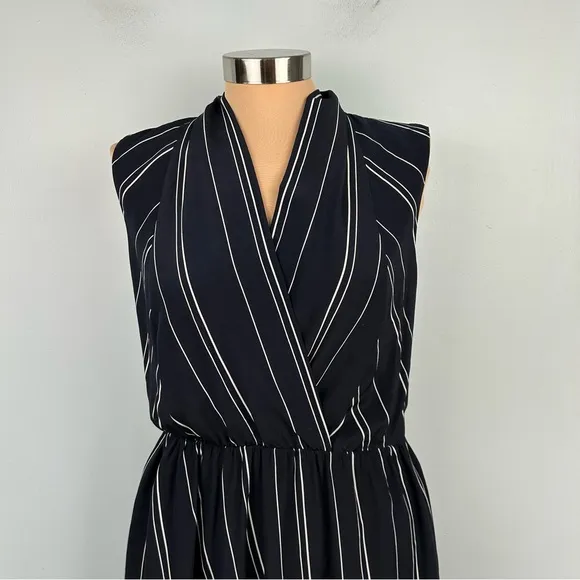 Vince 100% Silk Stripe Draped Cross Front Midi Dress Coastal Blue Sz 4