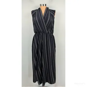 Vince 100% Silk Stripe Draped Cross Front Midi Dress Coastal Blue Sz 4
